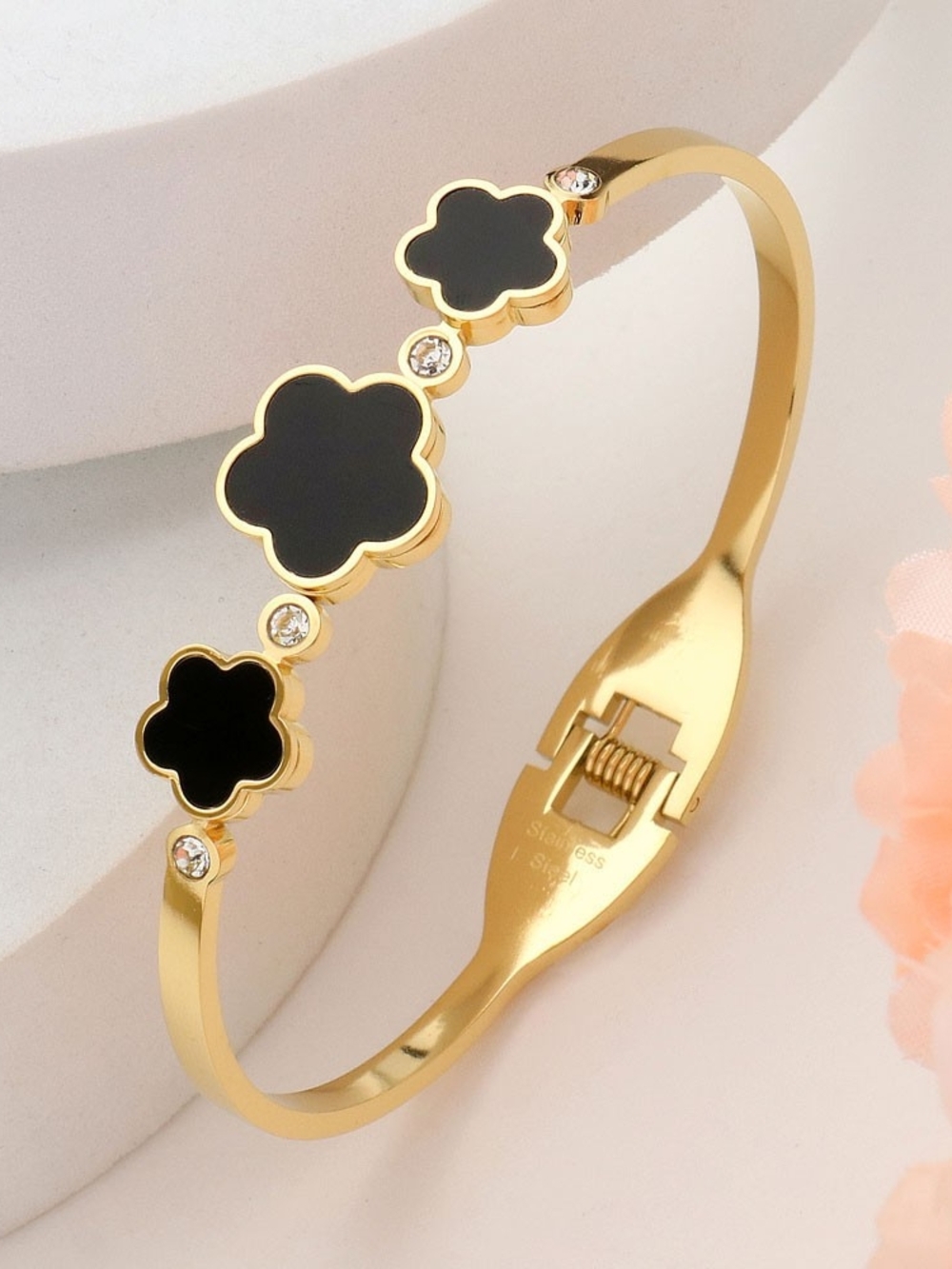 Black Gold Metal Triple Stone Bezel Quatrefoil Clover Bracelet Bangle